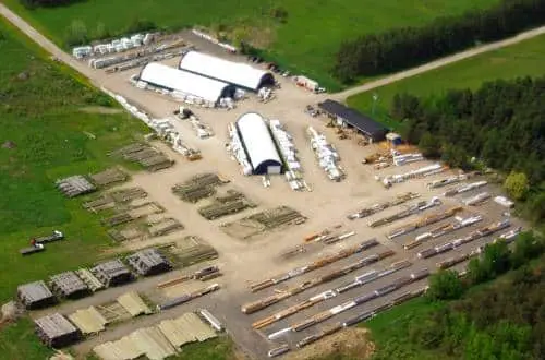 Ariel shot of Trans Canada Wood Products timber mill yard