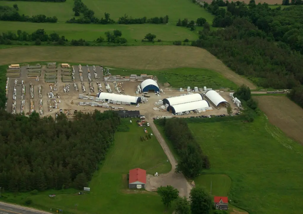 Aerial view of the Trans Canada Wood Products lumber yard in Barrie, Ontario.